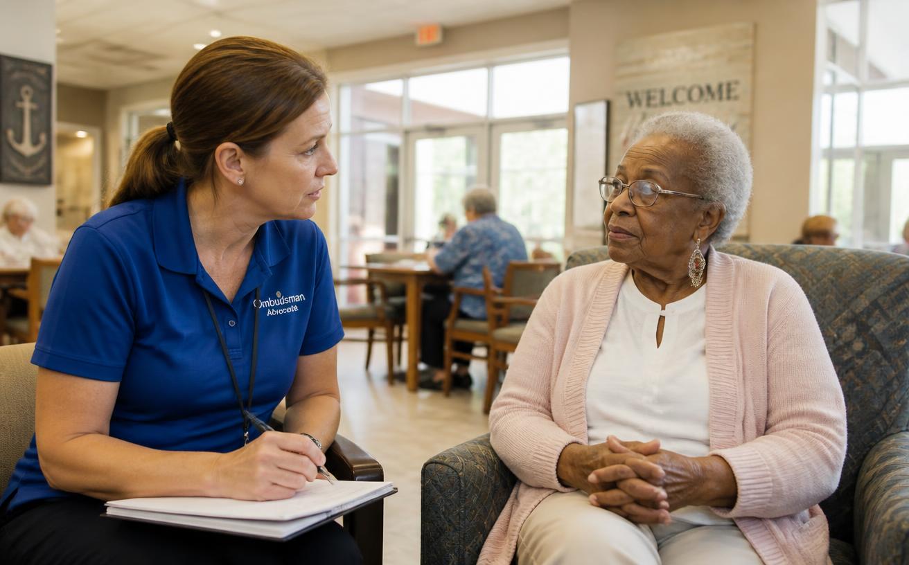 A long-term care ombudsman listening and taking notes beside a resident.