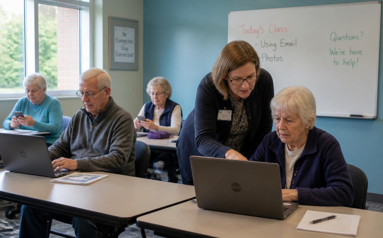A technology coaching class for older adults with laptops in a library meeting room.