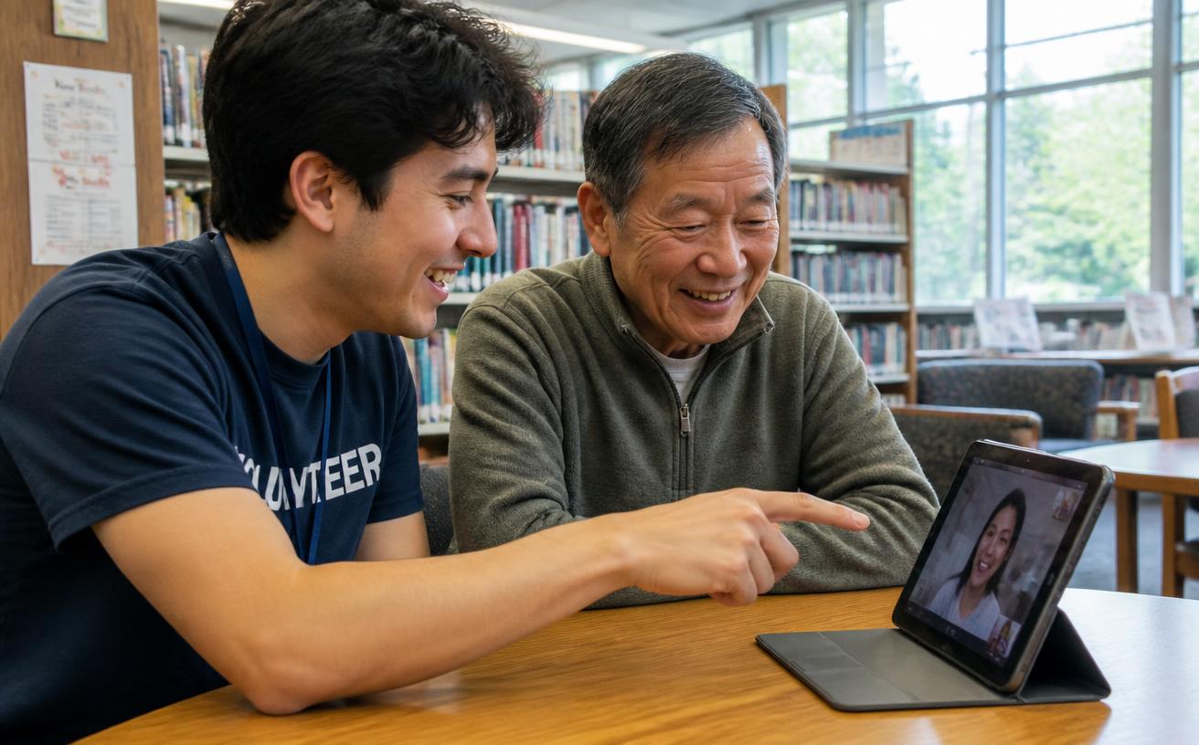 An older adult being coached through using a tablet computer.