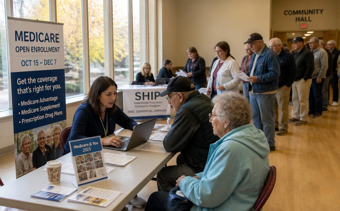 Older adults queueing for one-to-one help at a Medicare open enrollment desk.