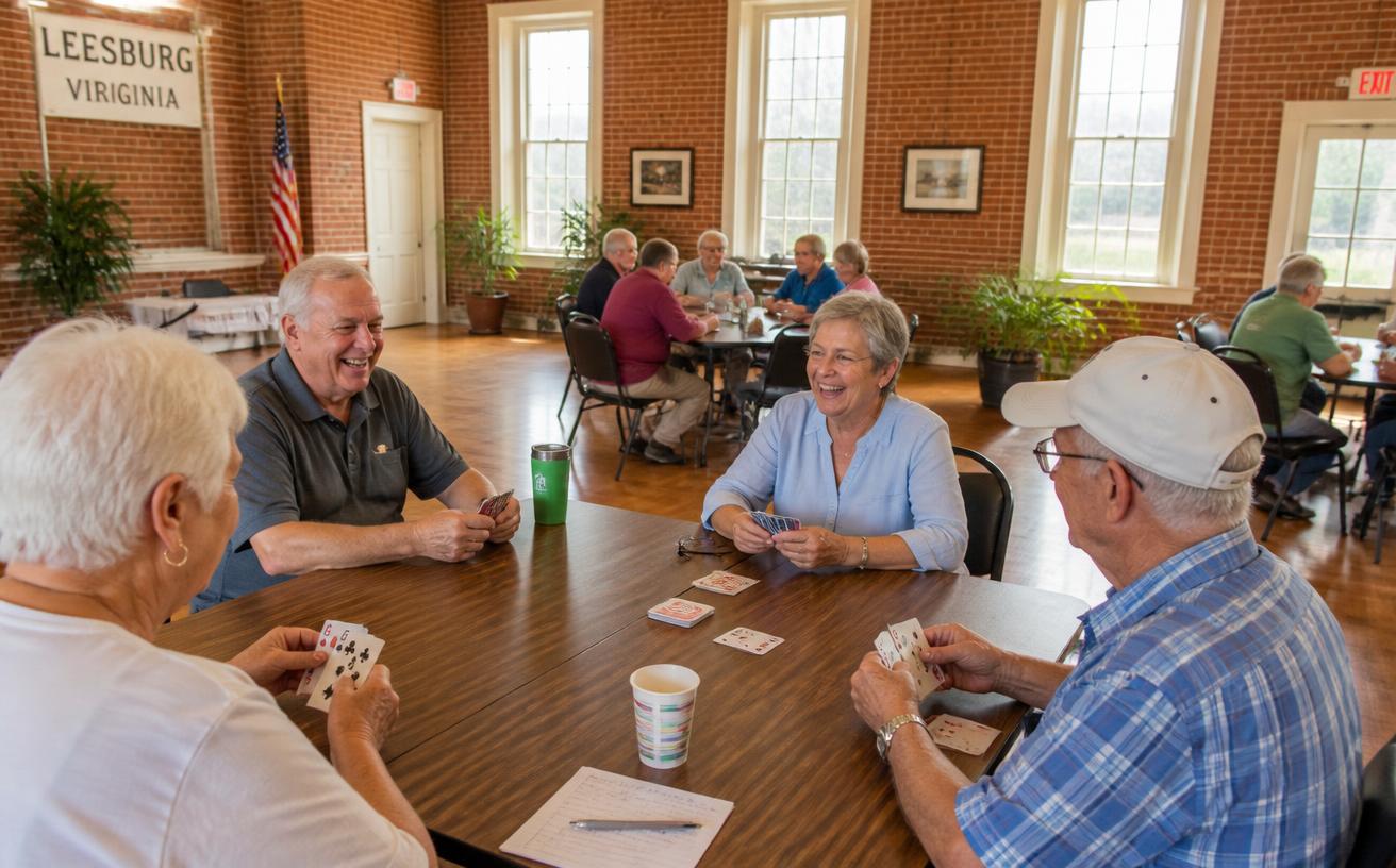 Older adults playing cards together in the brick community hall at Hayden Village Center.