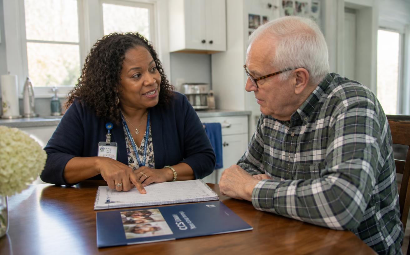 A care manager reviewing a personalised care plan at a client's kitchen table.