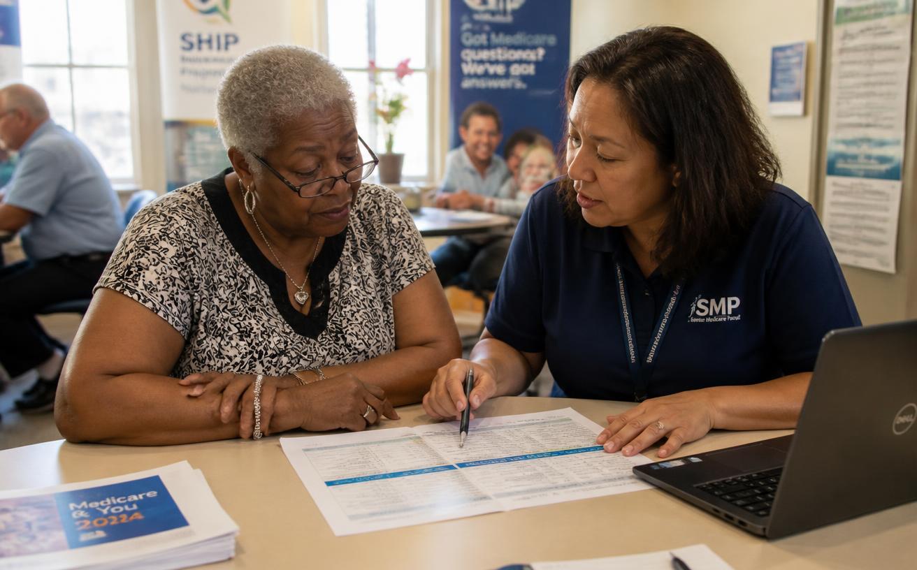A certified benefits counsellor comparing Medicare plan options with an older woman.