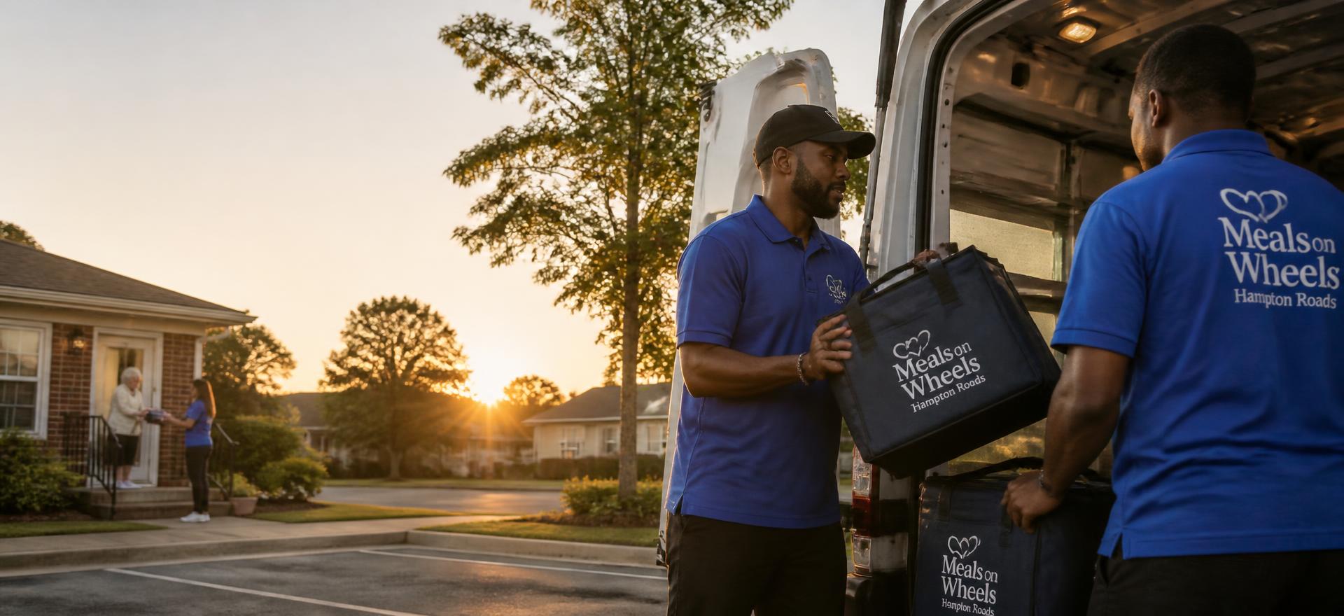 Volunteers in blue polo shirts loading insulated meal bags into a van at sunrise.