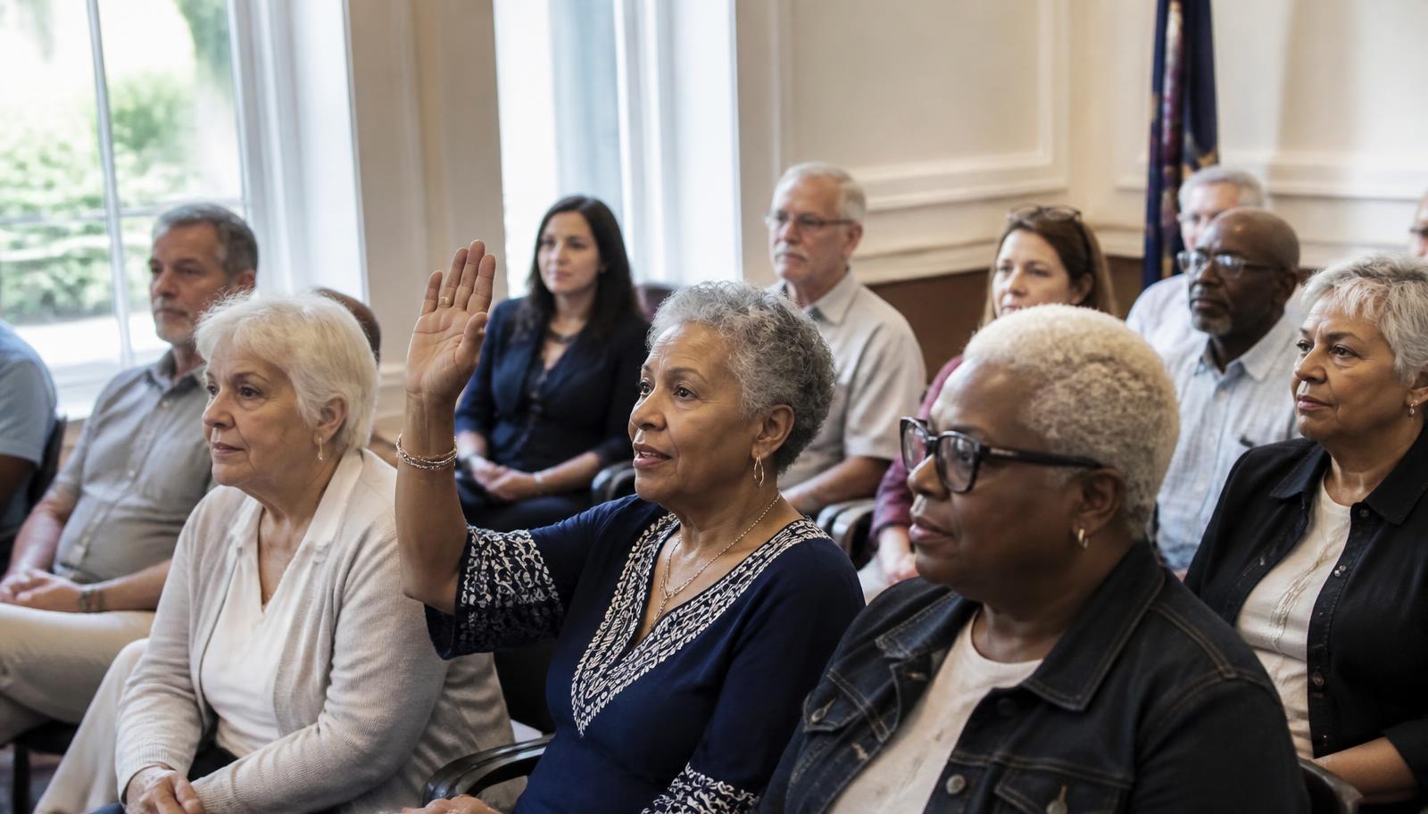 Older adults seated in a civic meeting room, one raising her hand to speak.