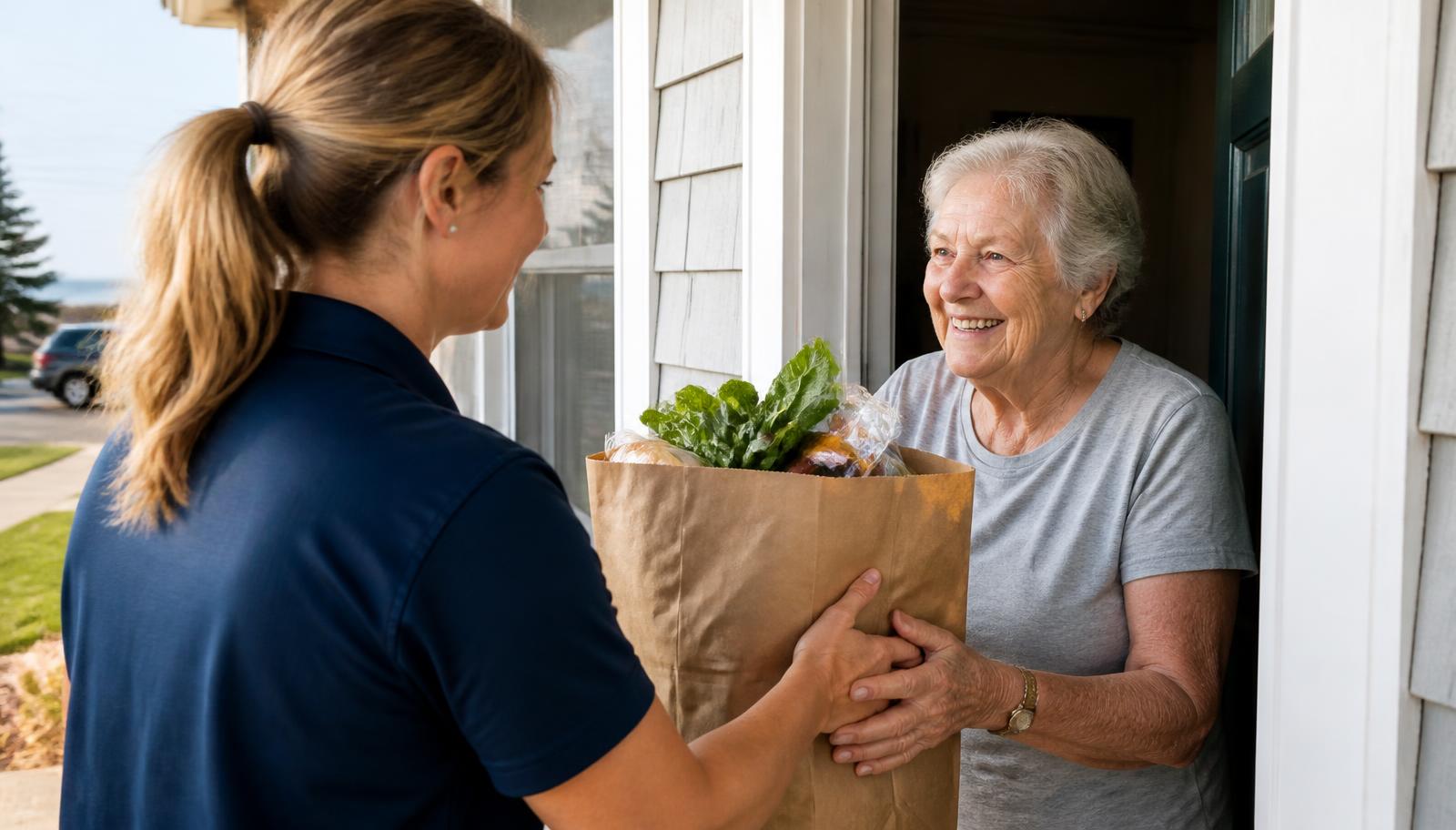 A volunteer in a navy polo handing a bag of groceries to a smiling older woman at her front door.