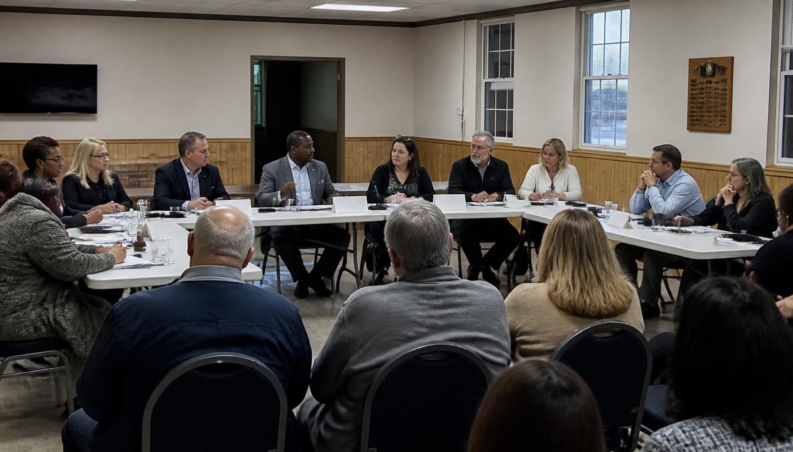 A public board meeting in a community room with members seated around a long table.
